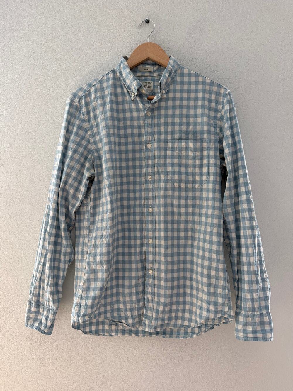 J.Crew Secret Wash Blue White Gingham Button Down Shirt Slim Fit Size M